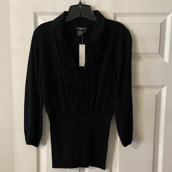 Sara Tops - Sara L Black Mid  Sleeve Top with Ruffle Detail size M brand new length 27”
